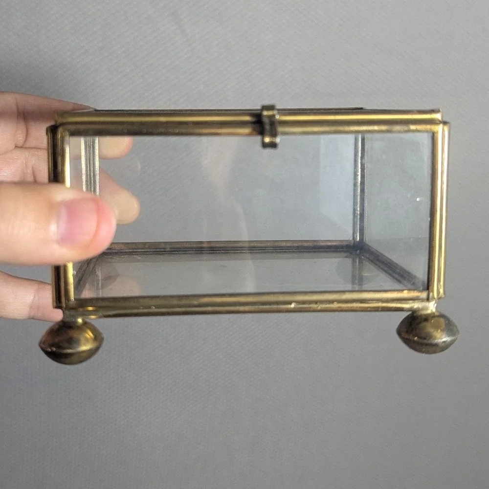 Vintage Brass and Clear Glass Jewelry Trinket Casket Box Set of 2 Footed